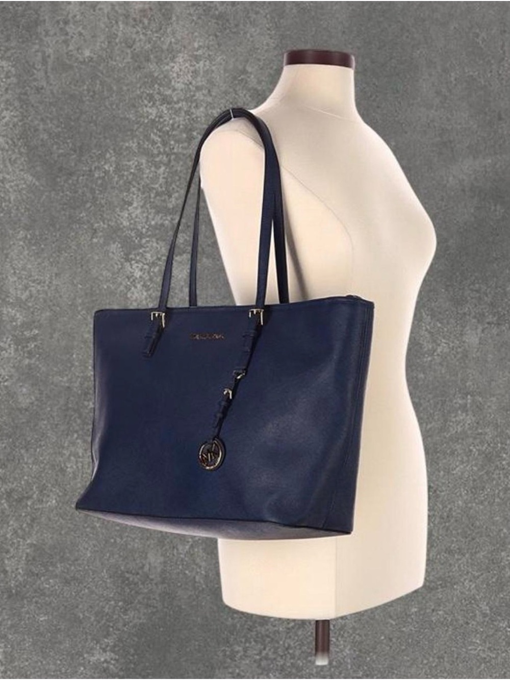 Michael Kors Navy Saffiano Leather Tote with Gold Logo Charm - Picture 3 of 3